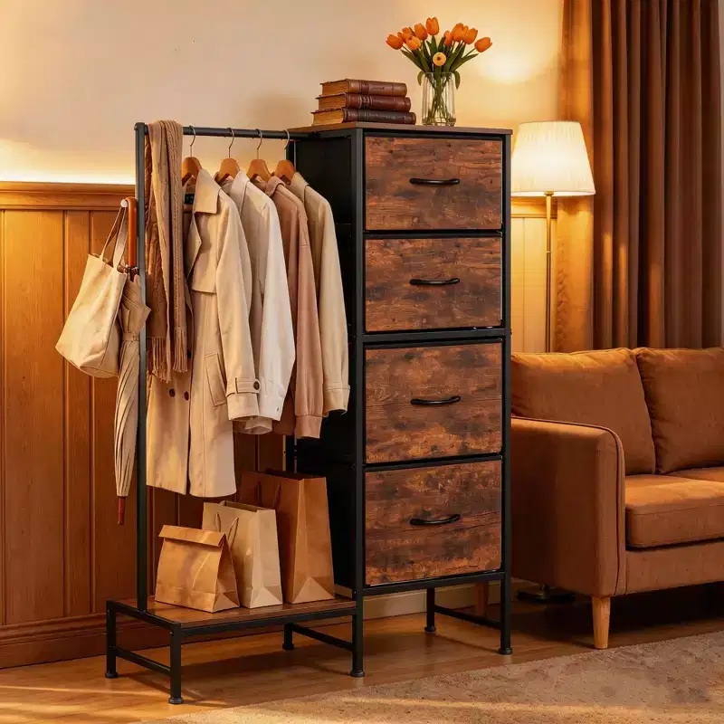 JIONJOY Two-in-one Hanging Rack with Drawer, Compact Design, Equipped with Anti-fall Hook, Storage Space, and Adjustable Casters, antique walnut