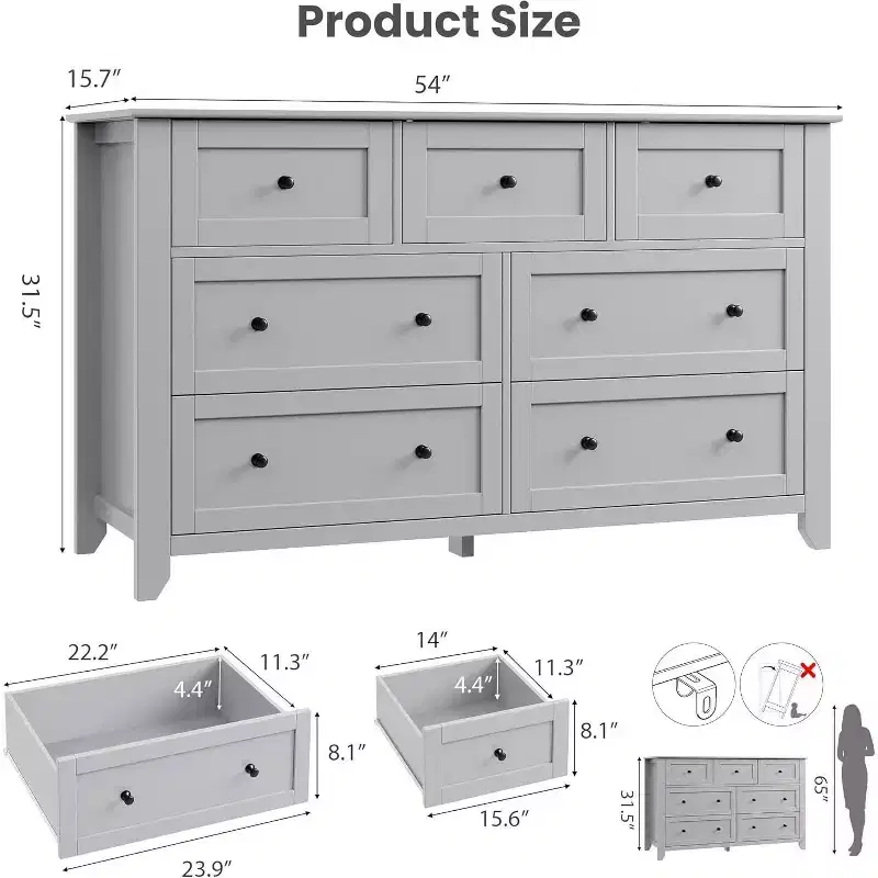 GustoWave Modern 54 Wide Large 7 Drawer Dresser for Bedroom, Entryway, Hallway, Grey