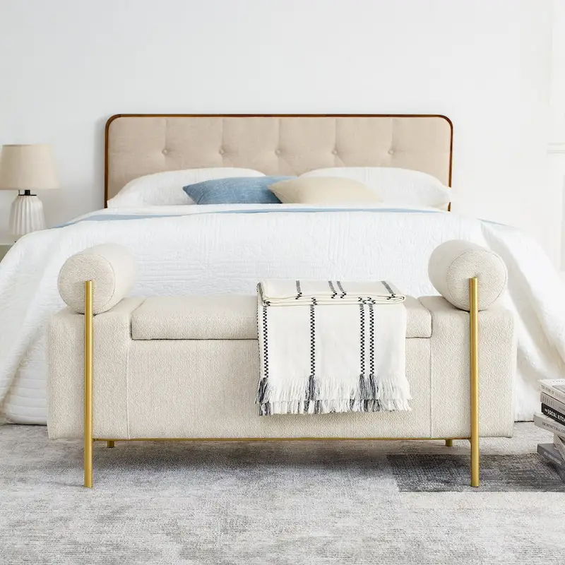 Upholstered Linen Storage Bench with Cylindrical Arms
