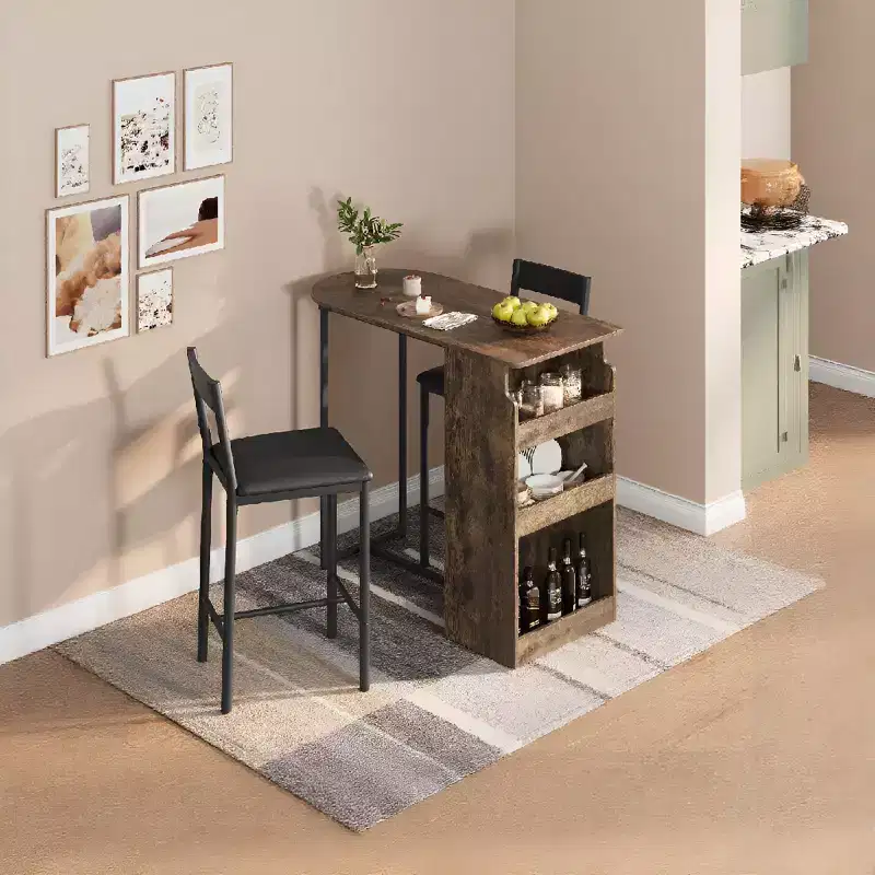 3-Piece Farmhouse Bistro Dining Table Set for 2 with Storage Shelves, Counter-Height Table & 2 PU Leather Chairs, Kitchen Dining Table Set