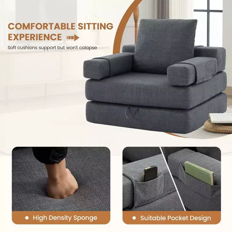 Fold-Down Convertible Sleeper Sofa Chair with Removable Armrests & Washable Cover