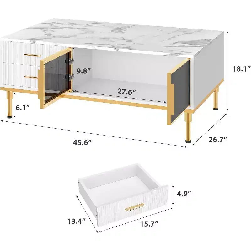 Large Modern Coffee Table with Faux Marble Top, 4 Drawers and Glass Door Storage, Fluted Panel Design, Hidden Compartment for Living Room