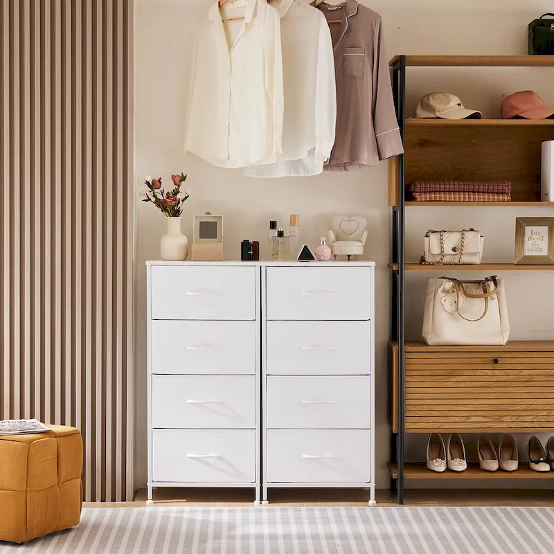 4-Drawer Fabric Dresser with Wood Top – Brown / White / Grey, Metal Frame, Single