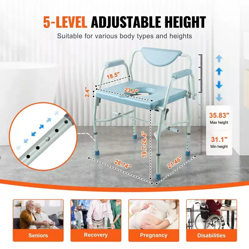 Bedside Commode Chair with Drop-Down Arms, 1000 lbs Capacity, 5-Level Height