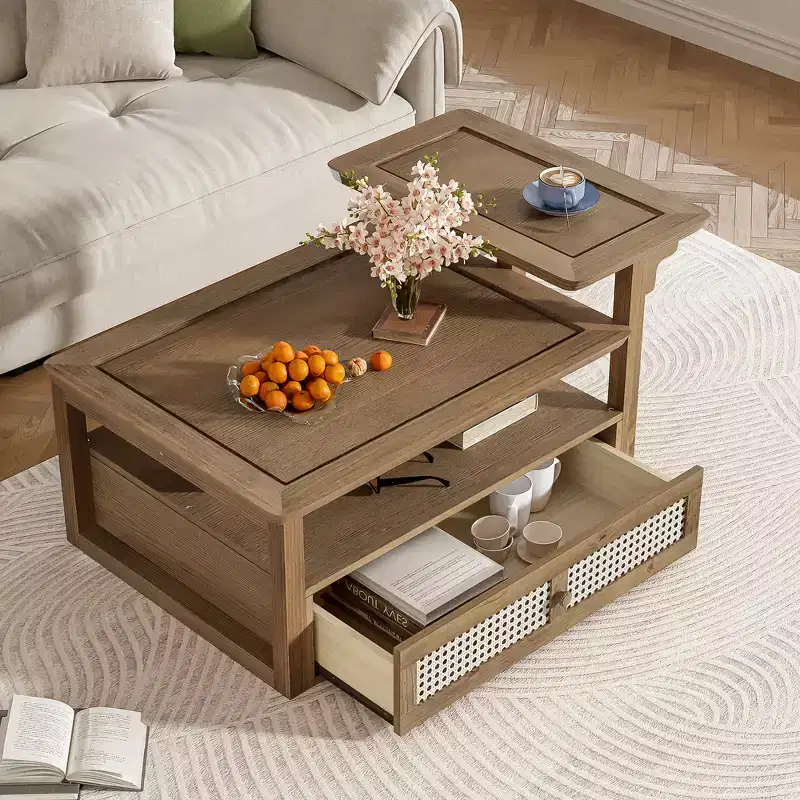 Modern Coffee Table with Storage Shelf, Double-layer Tabletops & Rattan Drawer for Living Room
