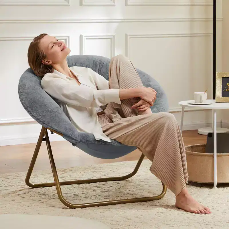 Okak Modern Faux Fur Comfy Chair with Metal Frame, Egg Chair with Foldable Design, Arm Chair for Living Room, Bedroom, Office