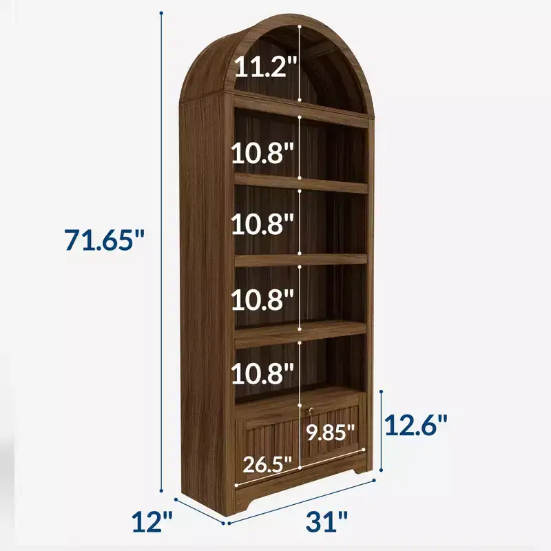 72 Arched Bookshelf with Storage Drawer, Modern 6-Tier Wood Display Cabinet with Open Shelves and Bottom Drawer, Curved Cabinet Door