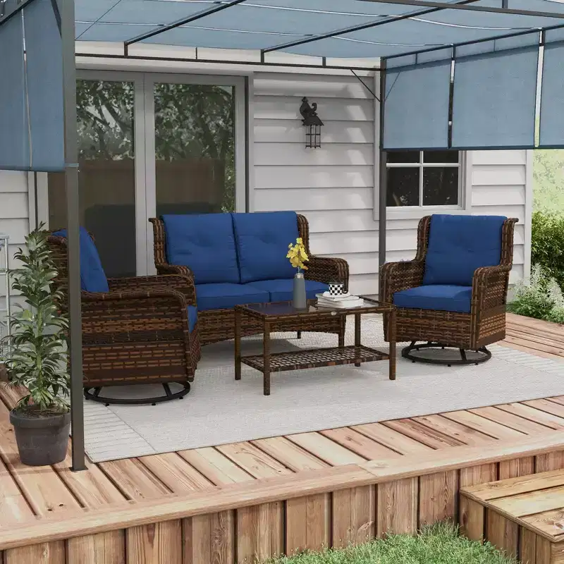 Outsunny Patio Furniture Set, 4 Piece PE Rattan Outdoor Furniture with 2 Swivel Glider Chairs, 2-Tier Glass Table & Loveseat Sofa