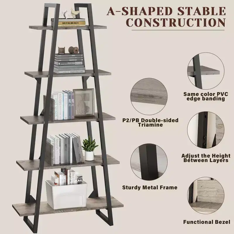 5-Tier A-Shaped Bookshelf, A-Shaped Bookcase Industrial Ladder Shelf Open Display Shelves with Metal Frame, Plant Stand Shelf Living Room, Office