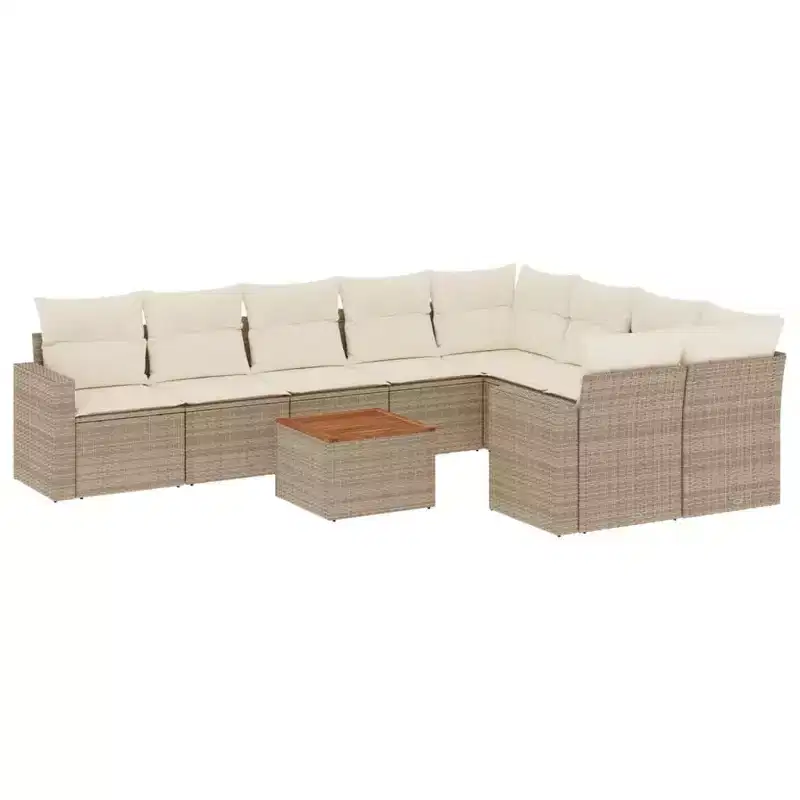 vidaXL 10 Piece Patio Sofa Set with Cushions Beige Poly Rattan - Beige 5x Middle + Table + 2x Corner