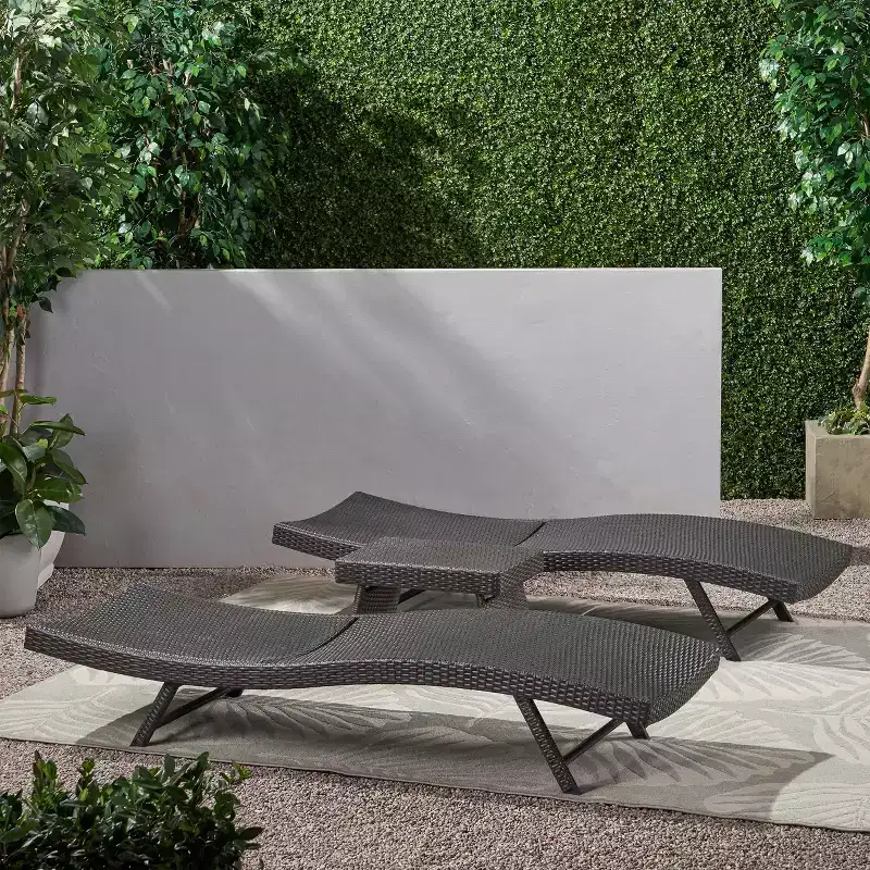Christopher Knight Home Kauai 3-Piece Outdoor Faux Rattan Chaise Lounge Set with Folding Side Table
