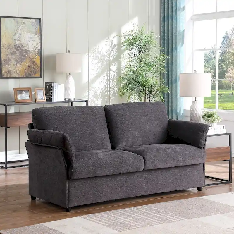 Modern Chenille Loveseat Sofa with Solid Wood Frame – Dark Grey / Beige / Camel, 2-Person Use
