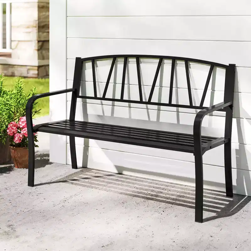 Costway 50.5 Patio Metal Bench w/ Curved Armrests & Minimalist Backrest for Backyard