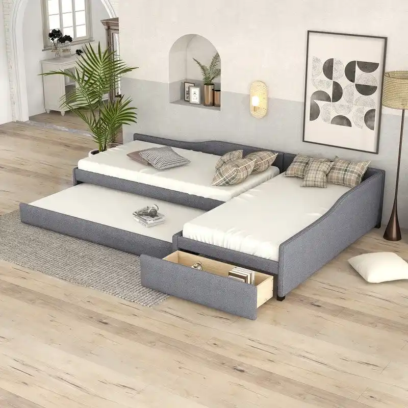 Upholstered Double Twin Size Daybed with Trundle and Drawer