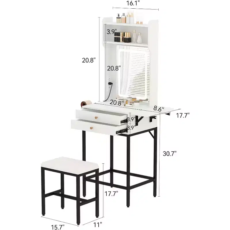 Small Makeup Vanity Desk Set with Mirror, Mini Makeup Vanity w/Adjustable Lighted, 2 Drawers, Hair Dryer Holder for Small Bedrooms, Apartments