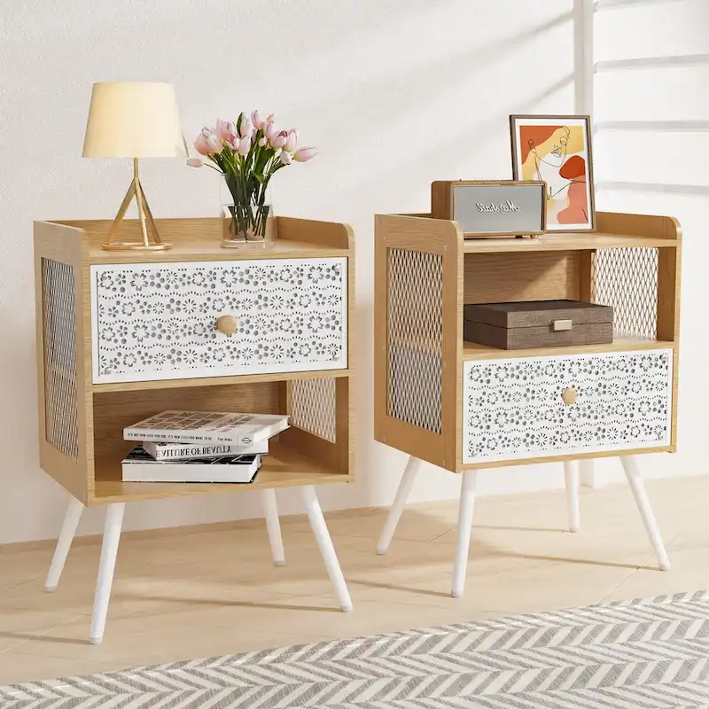 Wooden Bedside Table With Metal Legs Nightstand Of 2