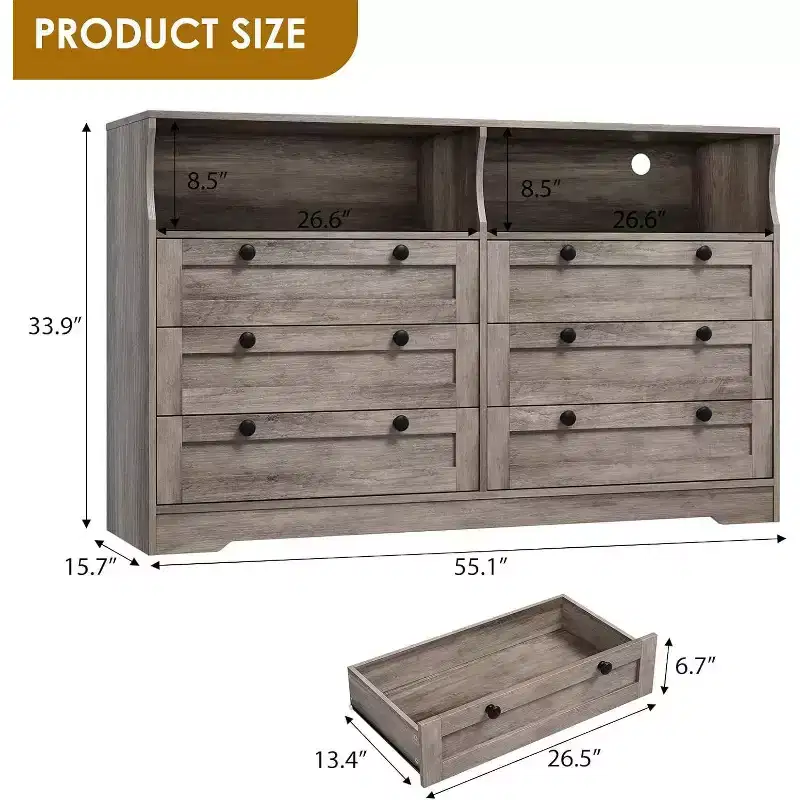 Dresser with 6 Drawers, Modern Wooden Chest of Drawers Storage with LED Lights for Bedroom, Living Room, Closet and Entryway