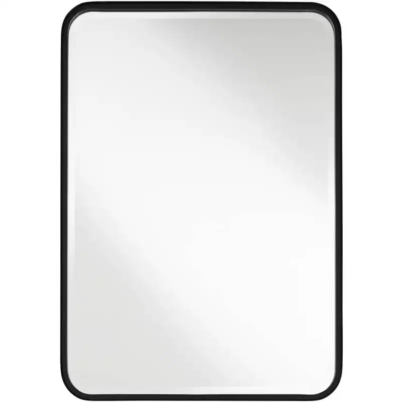 Liguria Rounded Edge Rectangular Vanity Wall Mirror Modern Beveled Black Iron Frame 24 Wide for Bathroom Bedroom Living Room Home Entryway
