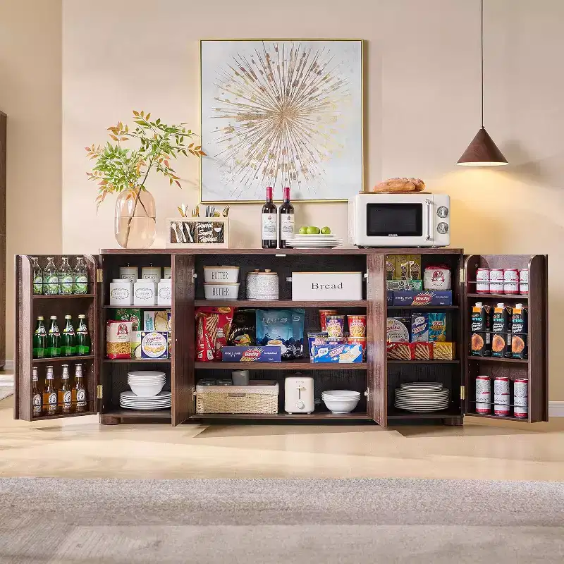 Kitchen Buffet Sideboard Cabinet with 4 Doors and Shelves, Modern Large Sideboard Buffet Storage Cabinet, 66 Coffee Bar Storage Cabinet