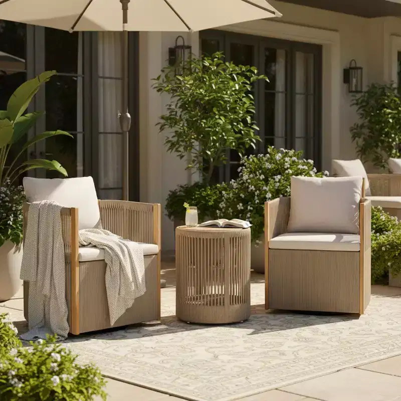 Christopher Knight Home Mason Outdoor Boho Modern Acacia Wood and Rope 3-Piece Swivel Chair Conversation Set with Round Side Table