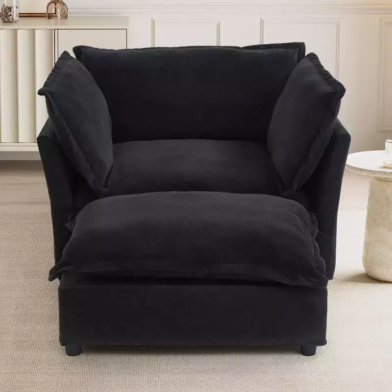 Chenille Armchair with Movable Ottoman, Wide Seat & Curved Armrests