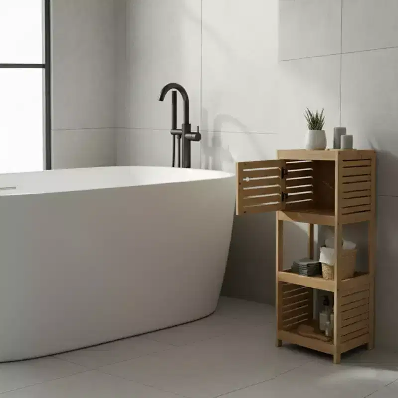 Evideco French Home Goods Compact Bathroom Storage Cabinet with Open Shelves and Vented Door, Natural - Trinidad Collection