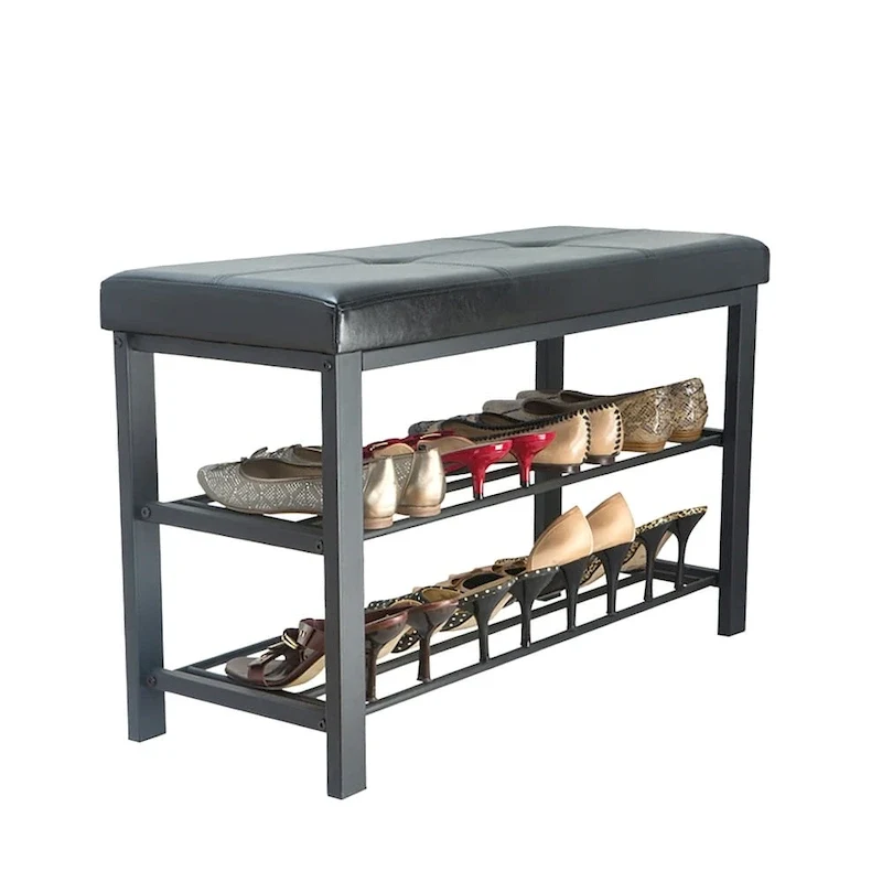 Black Entryway Bench with 2-Tier Shoe Storage Rack - 32W
