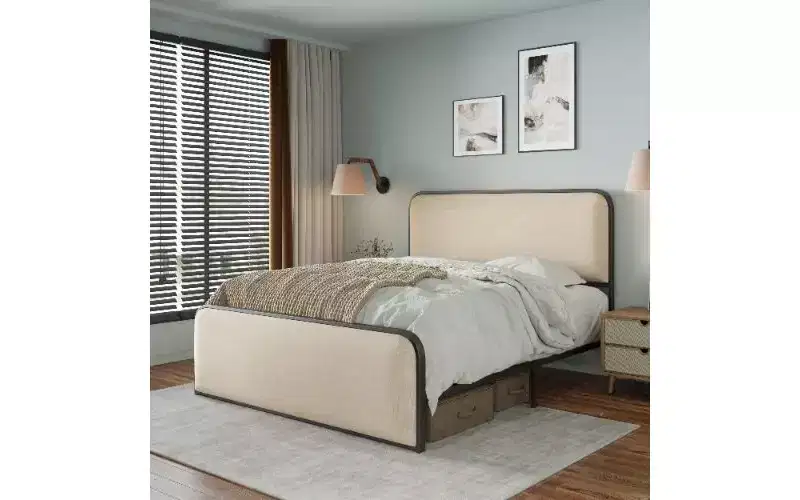 Queen Size Platform Bed Frame with Upholstered Curved Headboard & Footboard, Heavy-Duty Metal with Under-Bed Storage