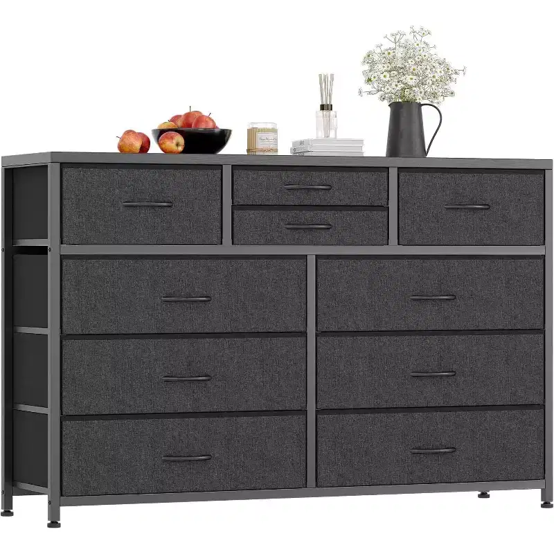 10 Drawers Fabric Dressers for Bedroom, Wood Top, Steel Frame, Modern Chest of Drawers, Lightweight Dresser with Fabric Bins for Living Room, Hallway