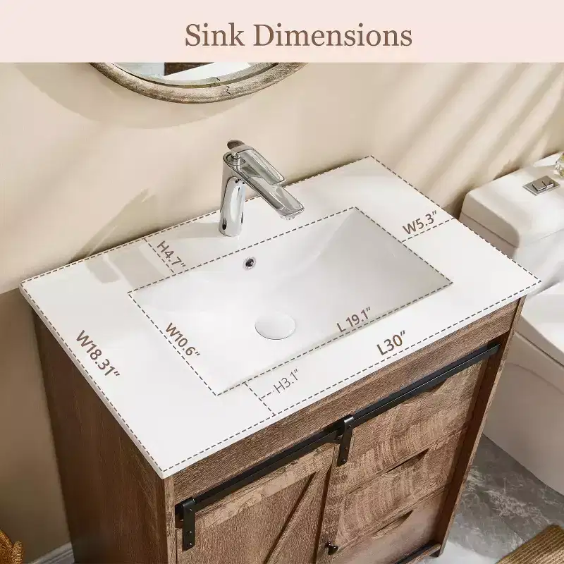SinCiDo Bathroom Vanity with Sink, 30in Wide Farmhouse Bathroom Sink Cabinet with Sliding Barn Door & Drawers & Adjustable Shelves
