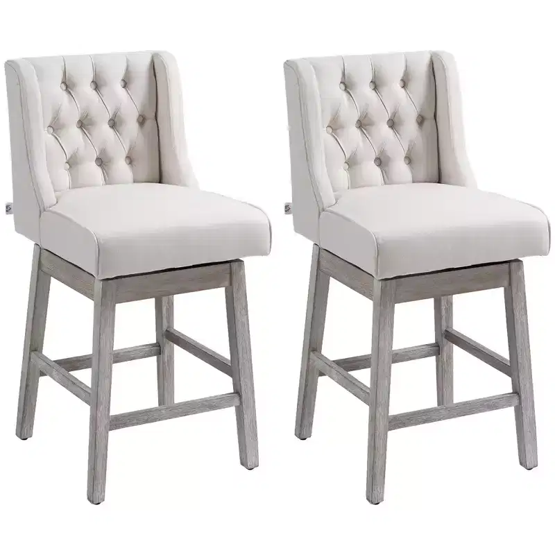 HOMCOM Counter Height Bar Stools Set of 2, 180 Degree Swivel Kitchen Island Stool, 27 Seat Height with Wood Footrests and Button Tufted Design