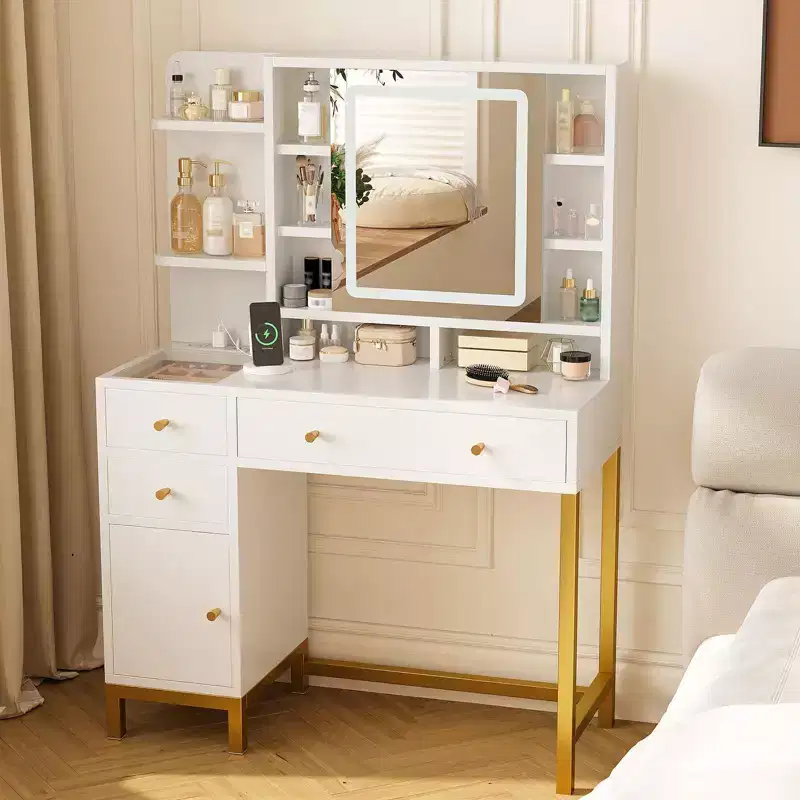 LED Lighted Makeup Vanity Desk with Mirror and Charging Station