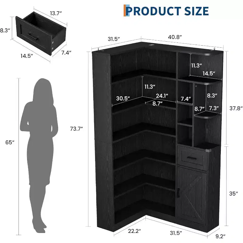 74 Tall Corner Bookshelf with 6 Open Shelves, Drawer & Cabinets, Modern L-Shaped Storage Bookcase for Living Room, Office, or Bedroom Display