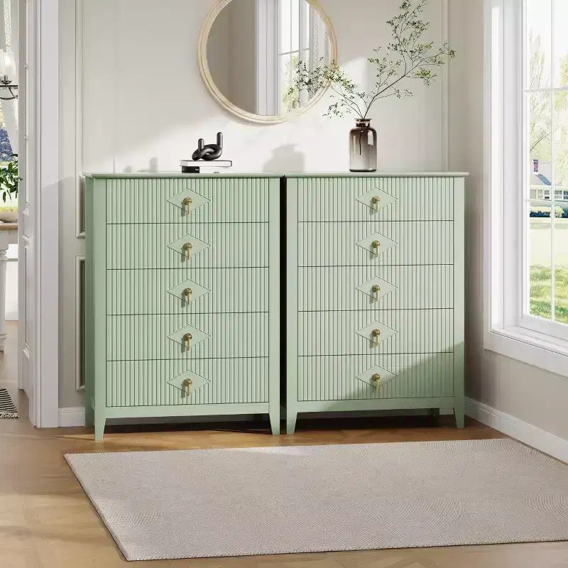 Fluted White Dresser for Bedroom, 43 Tall Storage Dresser Tower with 5 Drawers, Modern Chest of Drawers, Storage Organizer Unit for Closet, Entryway