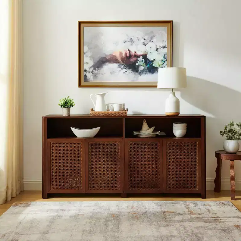 JVNOXK 63-inch Mid-Century Modern Rattan Sideboard with Storage, Vintage Wine Cabinet, Suitable for Living Room or Kitchen, Walnut