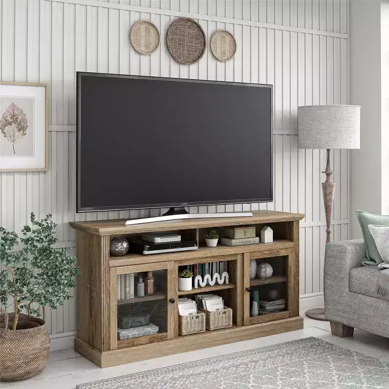 JVNOXK 62-inch Chicago TV Stand Accommodates TVs up to 65 inches Light brown wood grain finish Open shelving storage Natural color