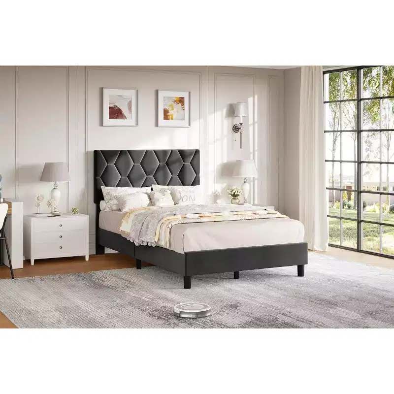 Twin XL Platform Bed Frame with Adjustable Upholstered Headboard, Grey