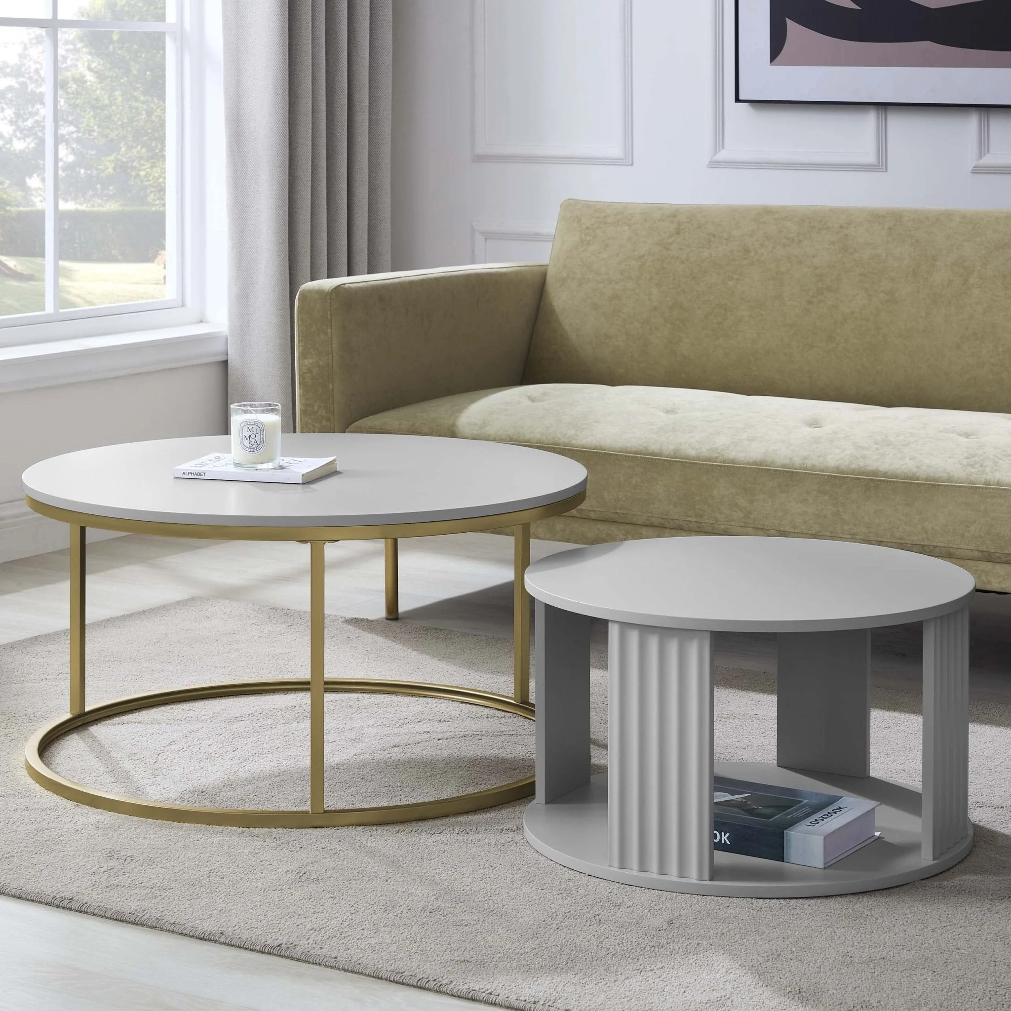 Modern Light Grey Painted Coffee Table with Gold Accents for Living Room