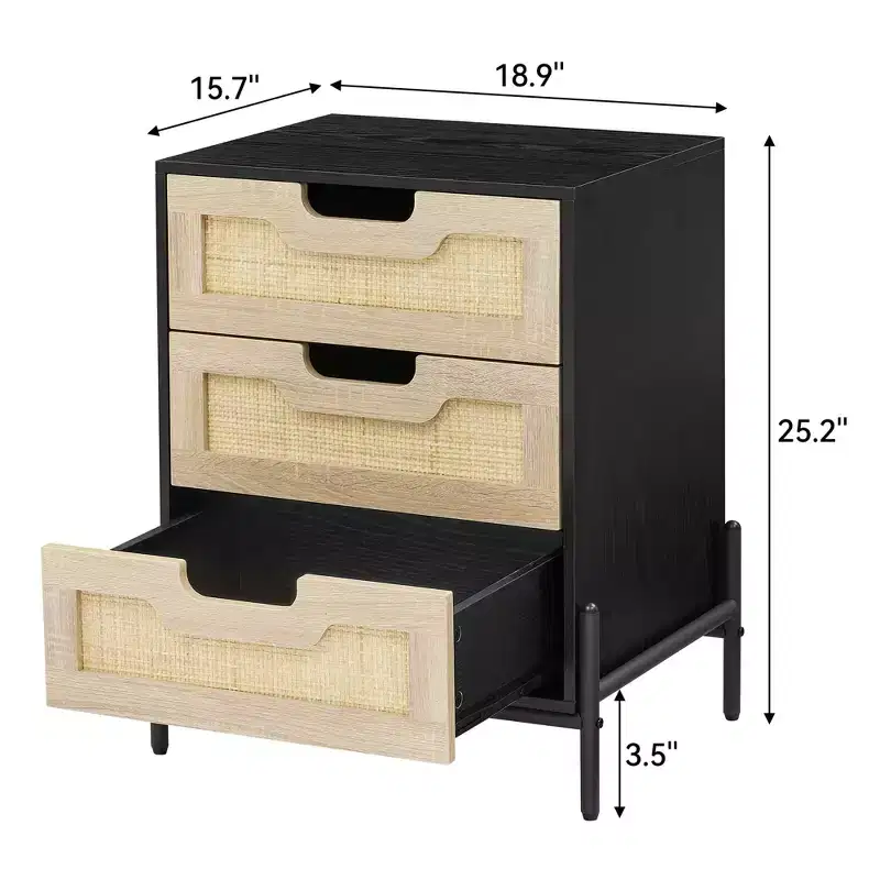 Rattan Night Stand, Farmhouse Nightstand Bedside Table w/3 Drawers, Bedside Table w/Metal Legs, Boho End Side Table Accent Table for Bedroom