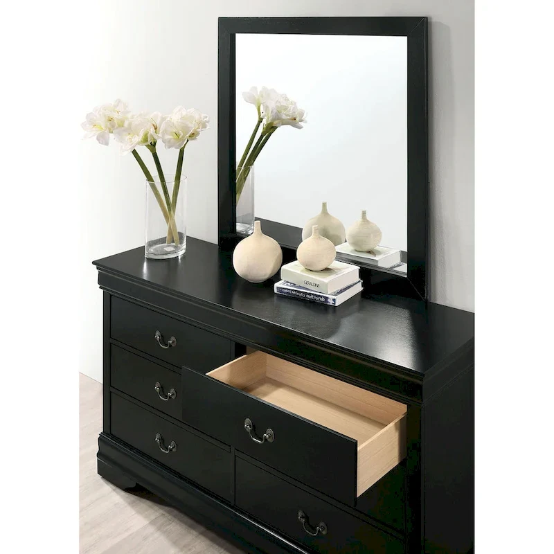 Cherry / Black / Grey 6-Drawer Dresser with Mirror, Transitional Style, 2-Piece Set