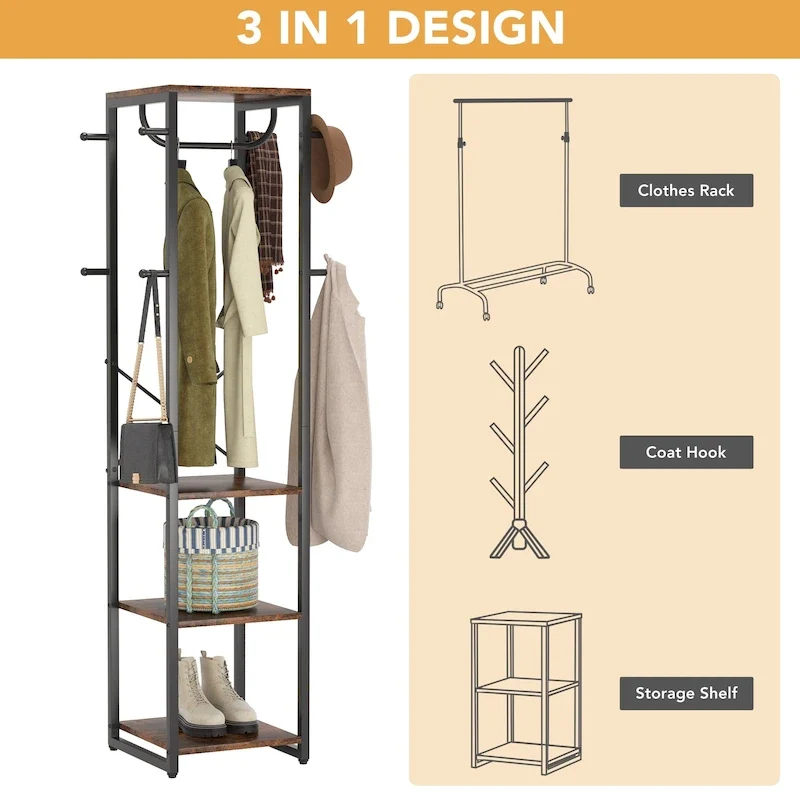 Freestanding Coat Rack with Shelves, 4 Shelves and 8 Hooks