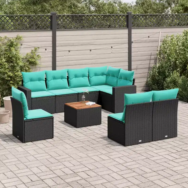 vidaXL 9 Piece Patio Sofa Set with Cushions Black Poly Rattan
