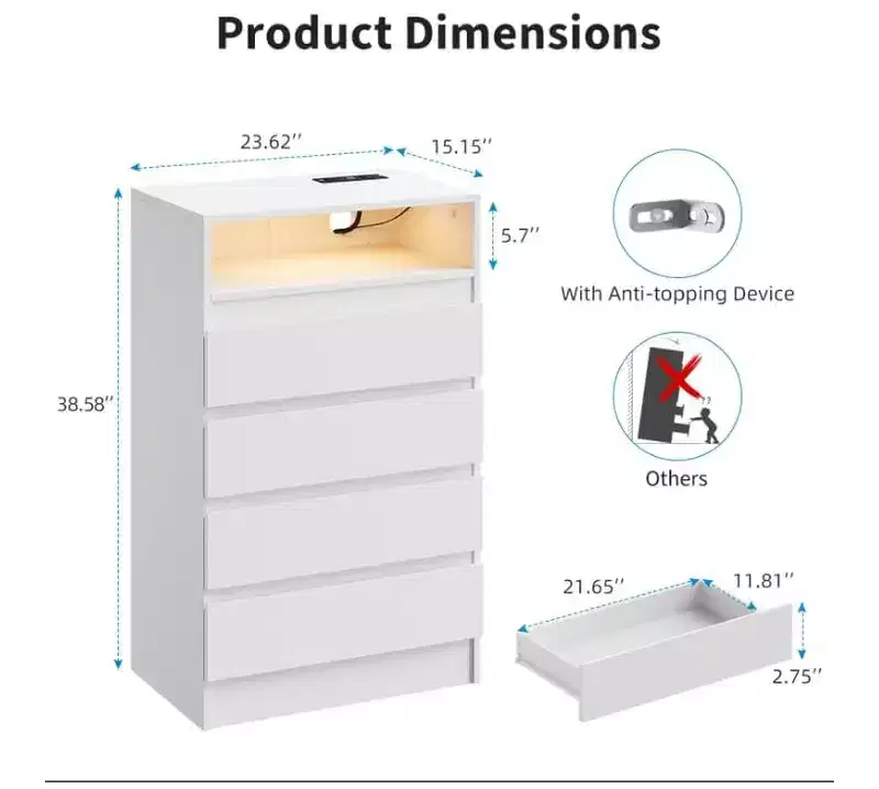 4 Drawer Double Dresser with Power Outlet, Accent Chests of Drawers with LED Light, Modern White Storage Dresser with Charging Station, White