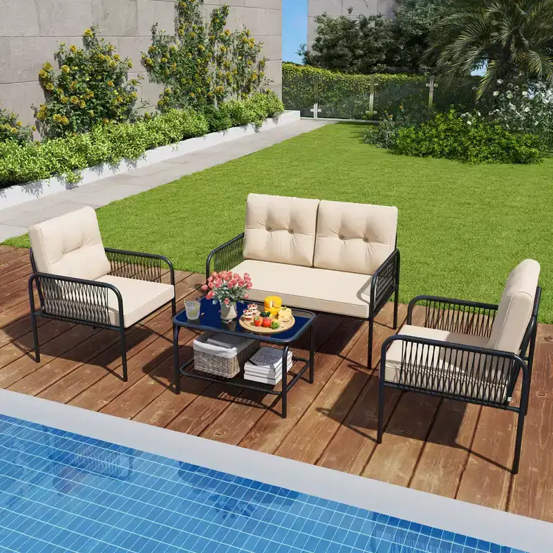 Costway 4 PCS Patio Furniture Set with Loveseat Tempered Glass Coffee Table & Soft Cushions