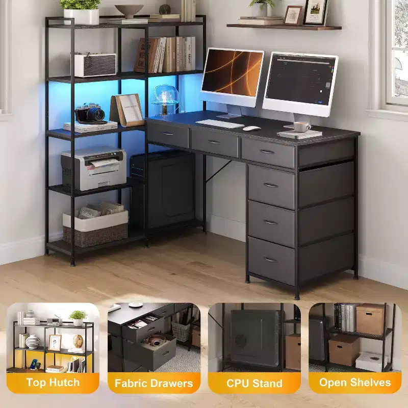 47.2 Modern L-Shaped Computer Desk with 6 Drawers and 5-Tier Shelves - Corner Workstation with Built-in Power Outlets for Home Office
