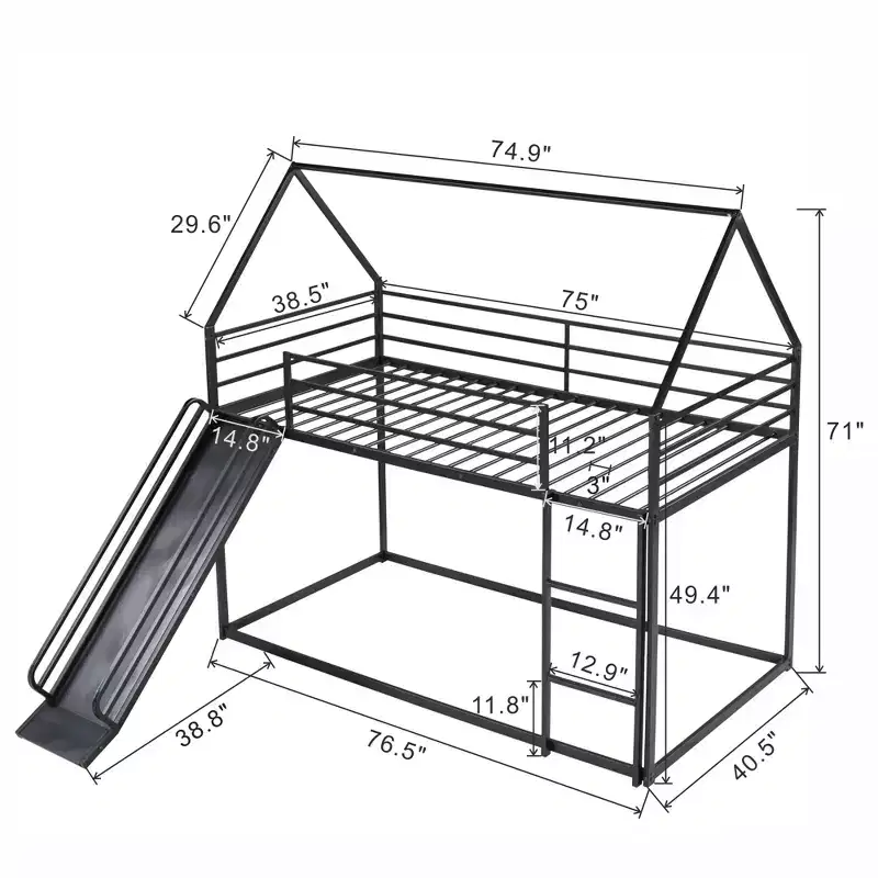 Twin over Twin Metal House Bunk Bed with Convertible Slide and Ladder