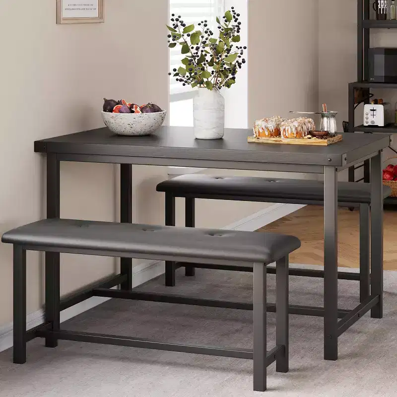 Dining Table Set for 4,Kitchen Table with Benches,Rectangular Dining Room Table Set with 2 Upholstered Benches,3 Piece Dining Table Set for Small Spac