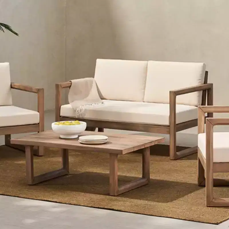 GDFStudio Petteti Outdoor Acacia Wood Loveseat and Coffee Table Set with Cushions, Brown Wash/Beige