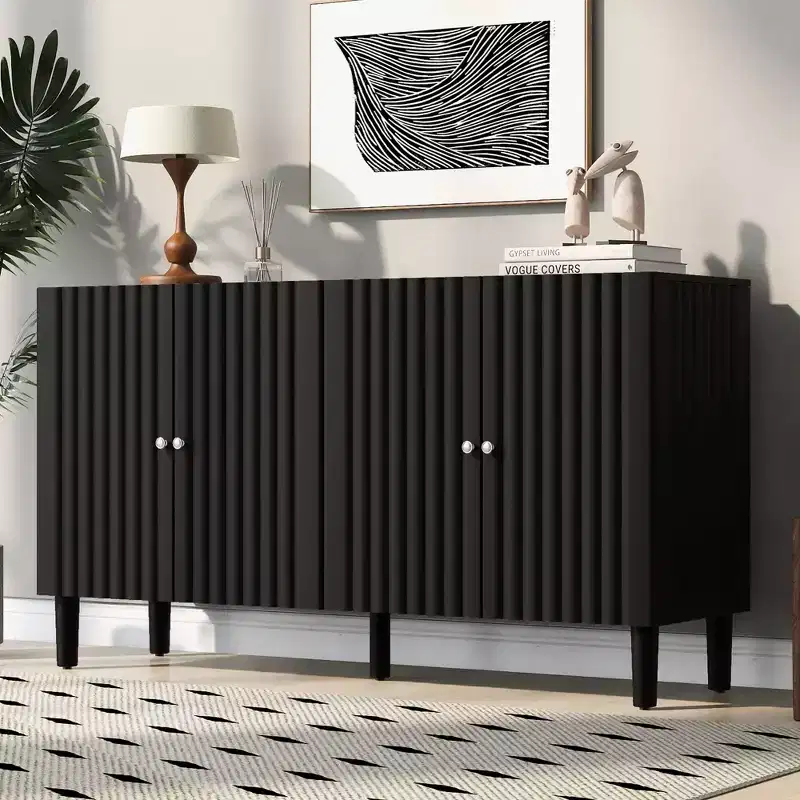 Sideboard Cabinet,Console Cabinet with Wavy Pattern Doors,Cylindrical Legs,Metal Handles,Adjustable Storage Cabinet for Study,Living Room,Black