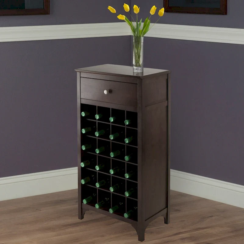20-Bottle Wine Cabinet with Glass Hanger – Espresso, Solid & Composite Wood, Modular